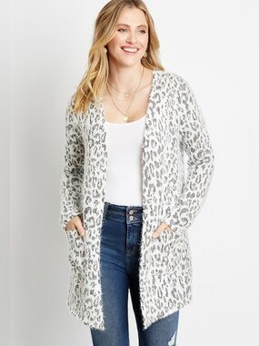 Maurices White Leopard Cozy Open Front Cardigan size large